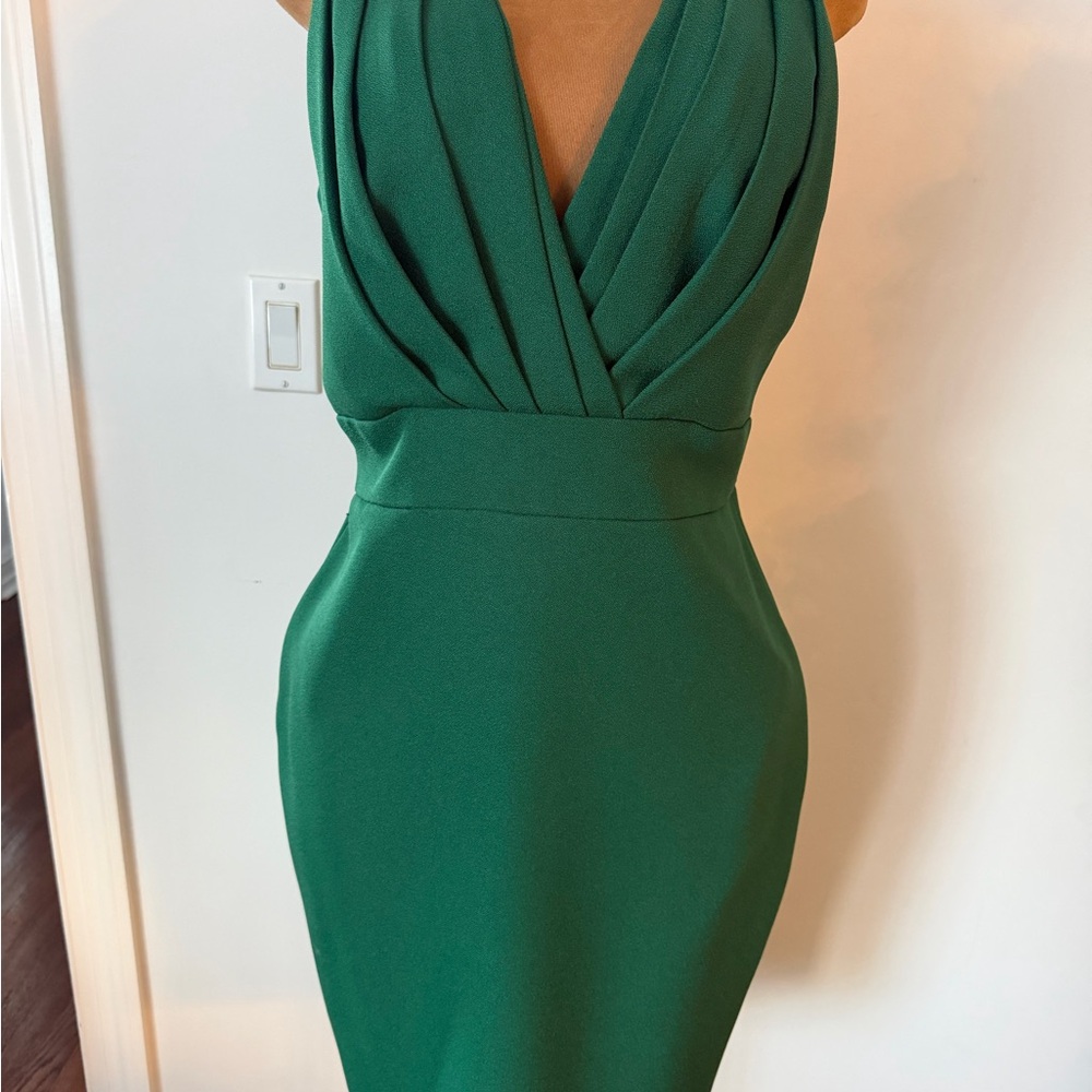 Badgley Mischka Structured Elegant Green Plunging Deep V Crepe Dress 16 XL